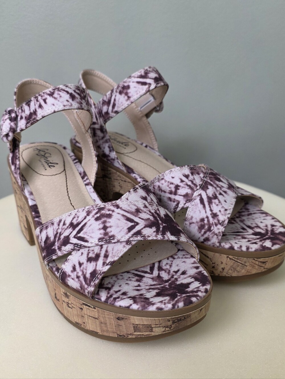 LifeStride Neutral Platform Sandals Cork Block Heel Purple Shibori 7.5M NEW!! - Picture 6 of 15